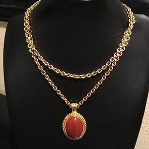 Vintage Carnelian Oval Pendant Necklace Long Gold Tone Chain 32"long